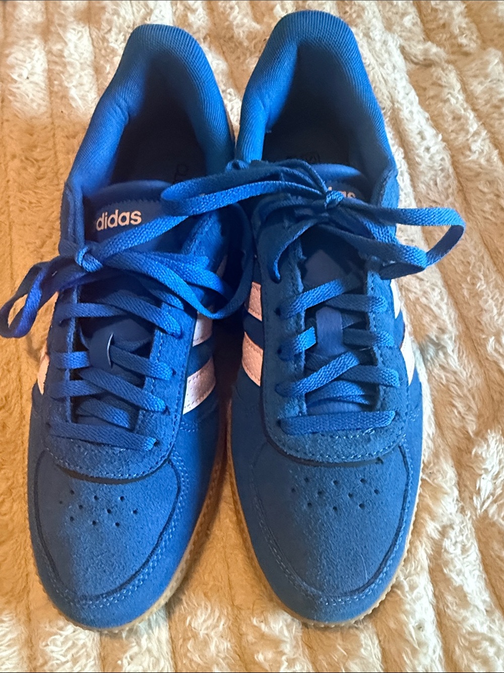 Adidas Woman’s Cloud Foam Plus Royal Blue Suede Sneakers with Pink Stripes